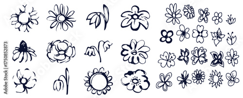 Grunge brush flowers. Scribble ink grunge chamomile flowers icons drawn with markers and crayons