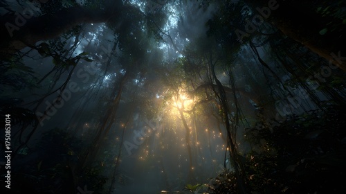 Wallpaper Mural Mystical jungle canopy with sunbeams shining through lush trees, creating a dreamy and ethereal atmosphere perfect for fantasy or nature-themed projects Torontodigital.ca