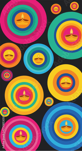 Colorful Diwali Lamps in Concentric Circles Pattern.