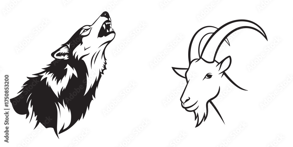 Fototapeta premium Black and White Stylized Howling Wolf and Goat Head Vector Art