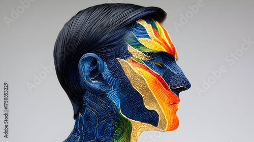 Colorful embroidered male profile on a simple background for creative concepts