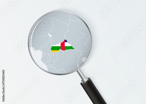 Central African Republic Map Under Magnifying Glass with National Flag Overlay.