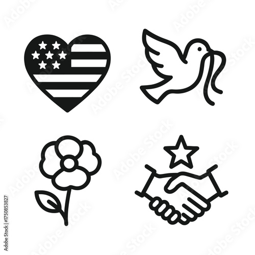 Four icons depicting love peace flower and agreement