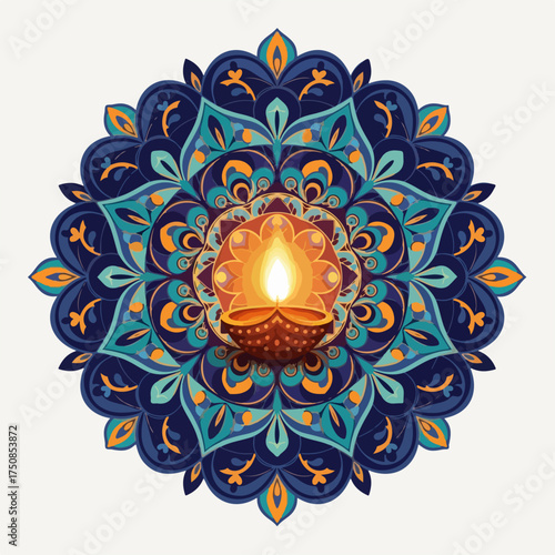 Traditional Lit Diya Oil Lamp on Intricate Colorful Mandala Design.