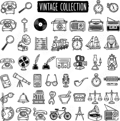Vintage Collection of Hand-Drawn Retro Objects and Antiques. Doodle Sketch Art Set Featuring Old Telephones, Gramophone, Typewriter, Radio, Alarm Clock, and More Classic Items.
