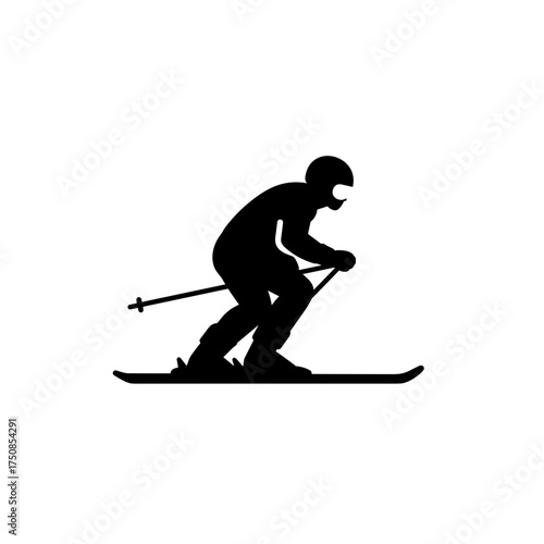 Downhill skier icon in black silhouette for winter sport graphics