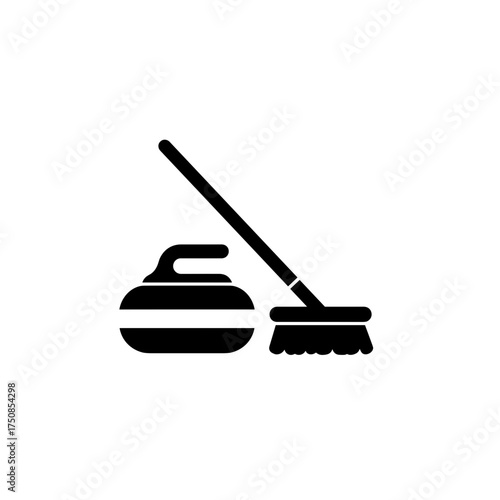 Curling stone and broom icon in black for winter sport design