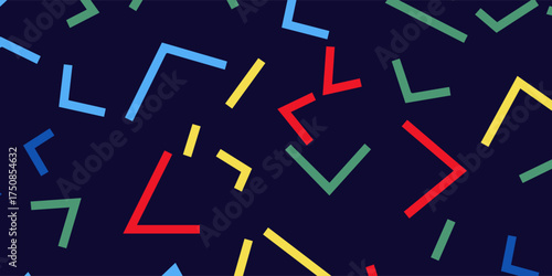 Colorful Geometric Shapes Scattered on Dark Blue Background Abstract Design.