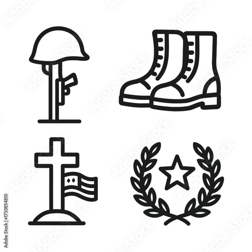 Icons of military memorial symbols in black outline
