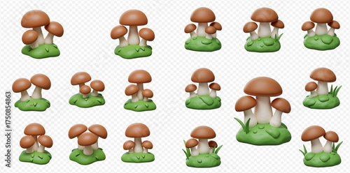 A collection of 3D rendered mushroom clusters on green patches, set against a transparent background.