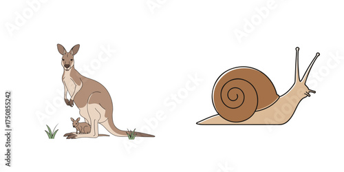 Flat Design Brown Animal Characters: Kangaroo and Snail