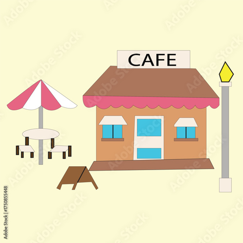 Cute Small Café Building Vector | Cozy Coffee Shop with Pink Awning
