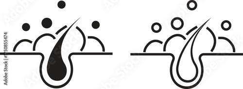 Hair care black flat and outline icon set. Scalp follicle structure illustration, dermatology and trichology medical symbols, beauty treatment and hair growth vectors designs. Cosmetic health concept.