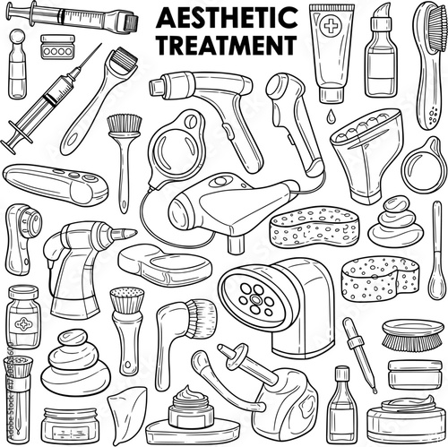 Aesthetic Treatment Line Art Illustration: Spa  Beauty Equipment, Cosmetics, and Therapy Devices for Skincare and Wellness