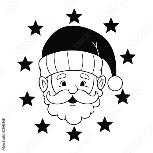 Santa claus face with stars black and white outline
