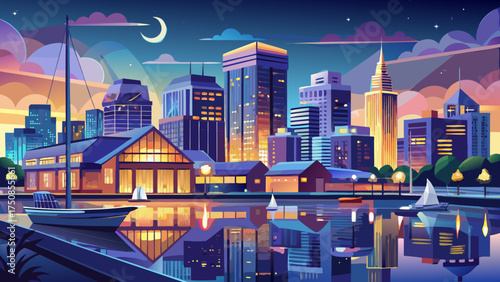 
Very beautiful downtown Norfolk waterfront at twilight with shimmering reflections on calm harbor waters, glowing city lights, and tranquil evening skyline view.