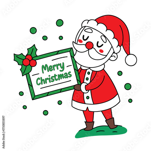 Santa claus holding merry christmas greeting sign