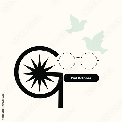 Gandhi Inspired Graphic with Glasses, Doves and Date on Cream Background Mahatma Gandhi spectacles