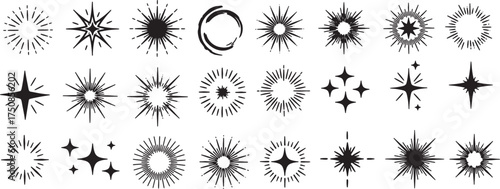 Hand drawn starburst and sparkle light rays icon set black celestial sunburst vector collection