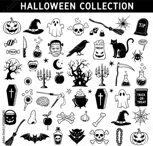 Spooky Halloween Collection: Black and White Vector Icons Set