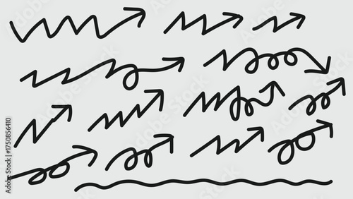 Zigzag and Curled Arrow Collection Directional Sign Hand Drawn Set On Pale Backdrop