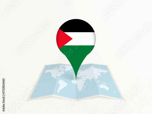 Palestine Map Pin with National Flag on Open World Map.