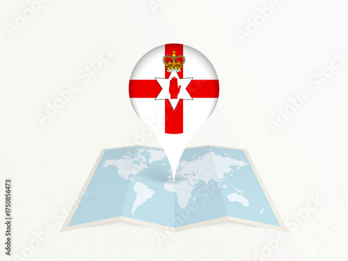 Northern Ireland Map Pin with National Flag on Open World Map.