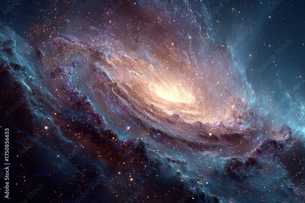 Fototapeta premium Celestial clouds and sparkling stars create a cosmic, dreamlike scene above, illuminating the night sky and the boundless expanse of the Universe