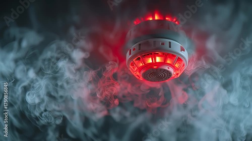 Smoke detector with red alarm light in heavy smoke for fire safety and emergency warning. 