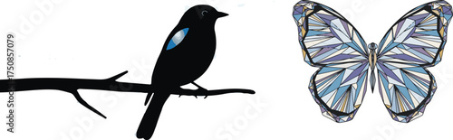 Minimalist Black Bird and Geometric Pastel Butterfly Vector Illustration
