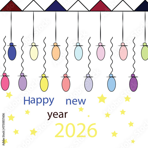 Happy New Year Text with Hanging Colorful Light Bulbs. Happy New Year Greeting C