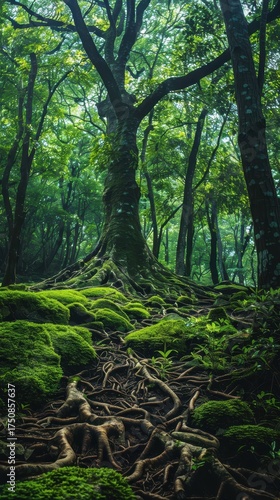 A majestic tree stands tall amidst lush greenery, with intricate roots spreading across vibrant moss-covered ground in a serene forest.