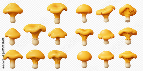 A collection of stylized chanterelle mushrooms, rendered in a cartoonish style.