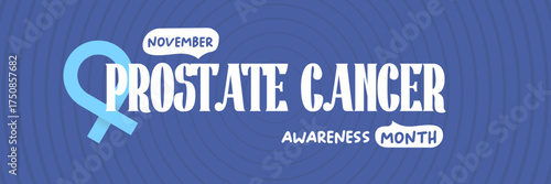 November Prostate cancer awareness month banner with blue ribbon icon. Blue November is prostate cancer awareness month. Movember mens health month poster and wide banner