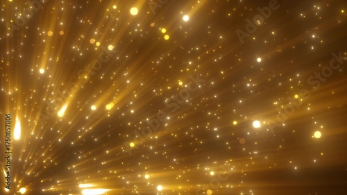 Golden christmas lights effects. Gold bokeh motion with glowing glitter particles.