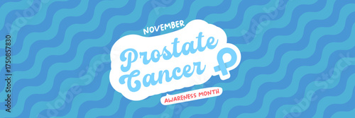 November Prostate cancer awareness month banner with blue ribbon icon. Blue November is prostate cancer awareness month. Movember mens health month poster and wide banner