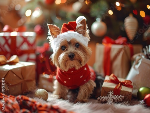 A festive dog wearing a Santa hat and red sweater sits among Christmas presents, surrounded by holiday decorations.