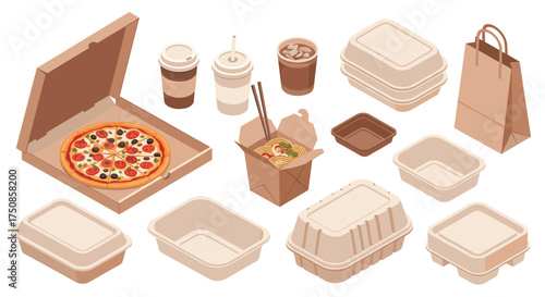 Convenient takeout meal options for busy lifestyles featuring pizza, noodles, and drinks in eco-friendly packaging for sustainable dining