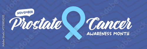 November Prostate cancer awareness month banner with blue ribbon icon. Blue November is prostate cancer awareness month. Movember mens health month poster and wide banner