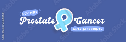 November Prostate cancer awareness month banner with blue ribbon icon. Blue November is prostate cancer awareness month. Movember mens health month poster and wide banner