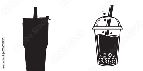 Monochrome Illustrations of Modern Drink Tumbler and Boba Tea Cup
