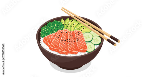 Delightful salmon poke bowl with vibrant avocado, cucumber, and seaweed salad served in a stylish brown bowl with chopsticks ready for lunch