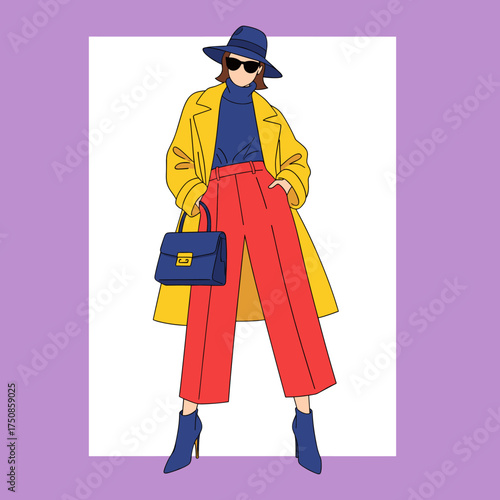 Stylish Woman in Colorful Fashion Outfit Illustration. Modern Street Style with Yellow Coat, Red Pants, Blue Hat, and Handbag