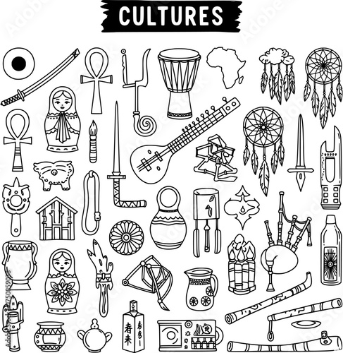 Line Art Collection of Diverse Global Cultural Symbols, Traditional Artifacts, and Musical Instruments. Hand-drawn Outline Set for World Cultures and Heritage Education.