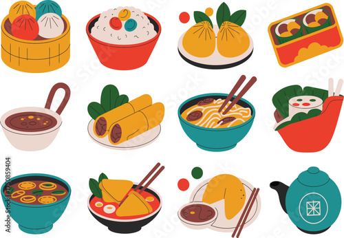Collection of delicious asian food illustrations on a white background