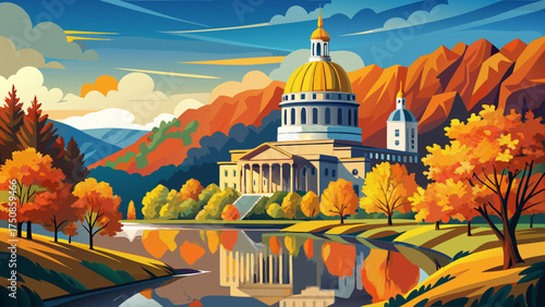 
Very beautiful West Virginia State Capitol beside the Kanawha River, surrounded by colorful autumn trees, golden dome glistening in sunlight, and serene river reflections.