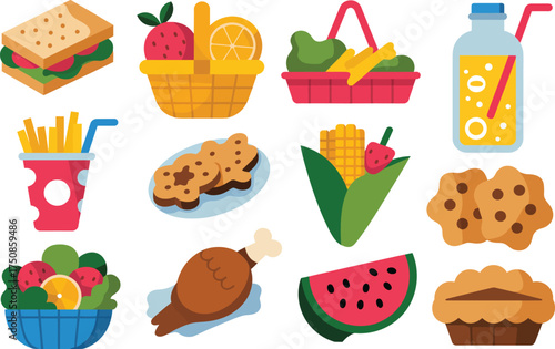 Collection of colorful cartoon food items and drinks for a picnic or meal
