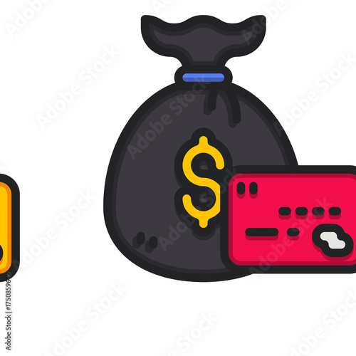 Stylized Illustration of a Black Money Bag with a Golden Dollar Sign Beside a Red Credit Card Against a Transparent Background