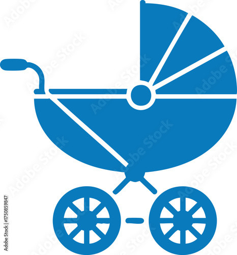Simple blue vector illustration of a baby stroller for childcare and parenting themes.