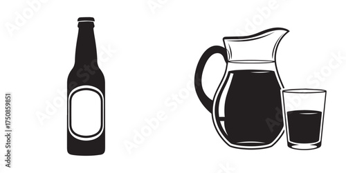 Minimalist Black and White Vector Icons of Bottle, Jug, and Glass